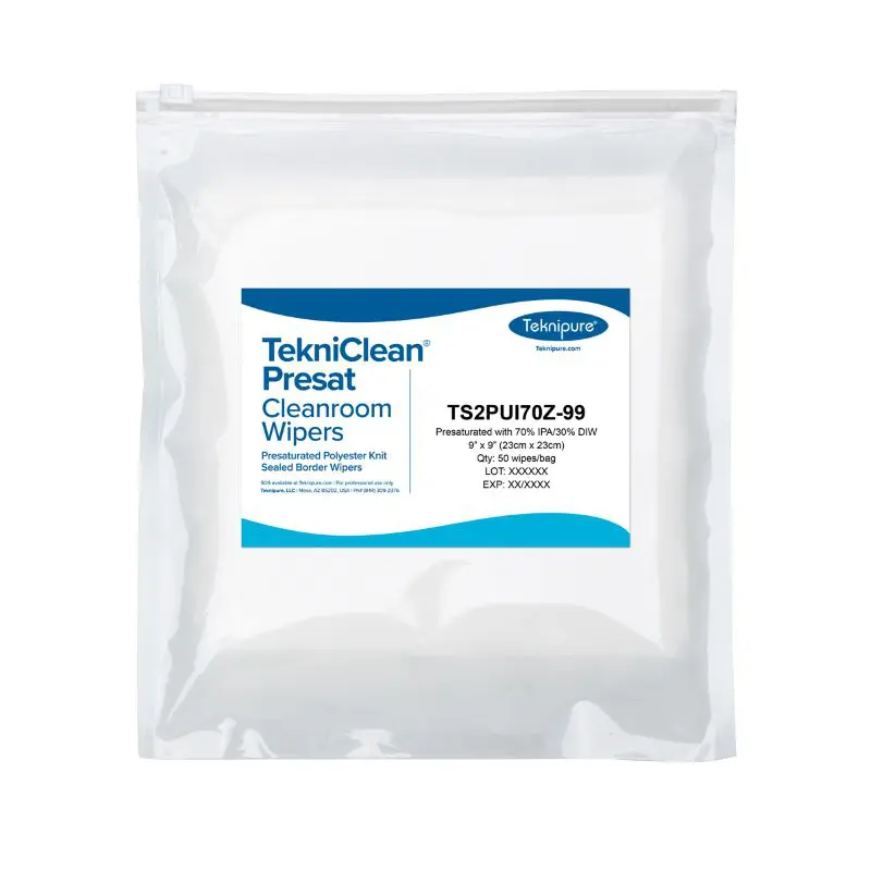 Teknipure TekniClean Presat Polyester Sealed Edge Cleanroom Wipes 70%IPA Slider Bag