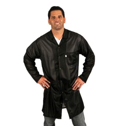 Tech Wear Traditional Black Lightweight Knee-Length ESD Coat