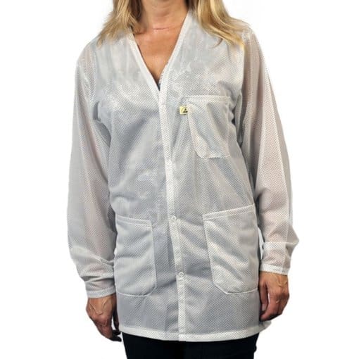 Tech Wear V-Neck White Lightweight Hip-Length ESD Coat