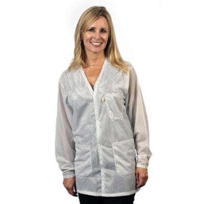 Tech Wear V-Neck White Lightweight Hip-Length ESD Coat